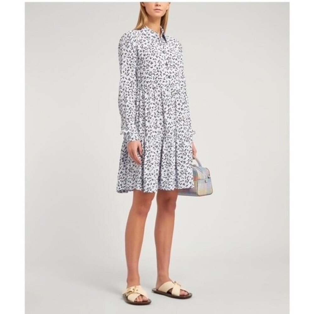 GANNI Printed Crepe Layer Size 44 Blue Mini Dress Babydoll Shirtdress Oversized